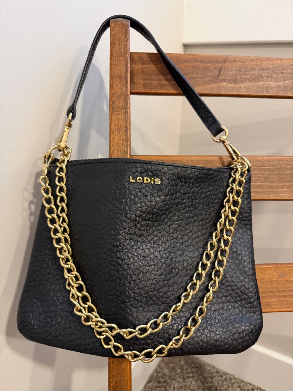 Lodis Black Pebbled Leather Gold Chain Shoulder Bag Purse Zip Top Mini